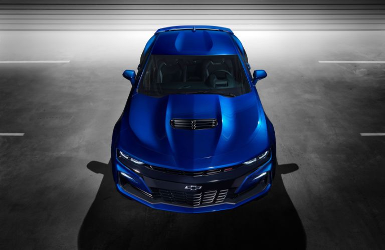 front view of blue 2019 chevrolet camaro ss