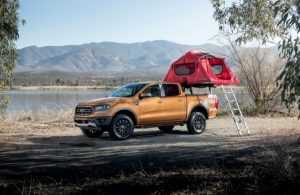 side view of bronze 2019 ford ranger with kayak rack