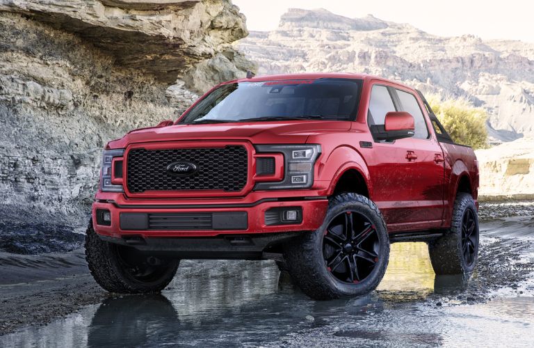 Front angle of a red 2020 Ford F-150
