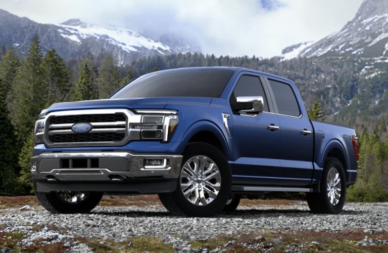 Antimatter Blue Metallic 2024 Ford F-150 in the Mountains