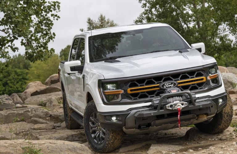 Gray 2024 Ford F-150 Tremor Front Exterior on a Rocky Trail