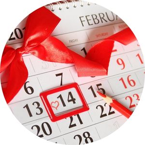 February Calendar with February 14th Valentine's Day Outlined in Red and with Red Bow