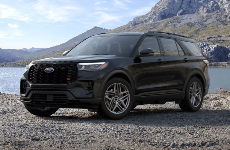 Agate Black Metallic 2025 Ford Explorer in the Mountains