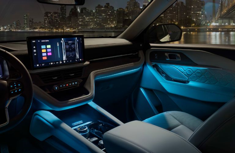 2025 Ford Explorer Front Interior with Blue Ambient Interior Lighting