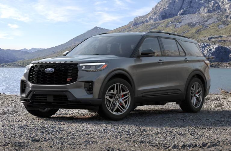 Carbonized Gray Metallic 2025 Ford Explorer Front in the Mountains
