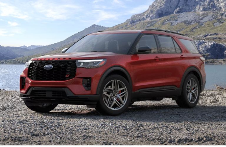Rapid Red Metallic 2025 Ford Explorer Front in the Mountains