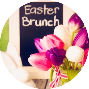 Chalkboard with Easter Brunch Text and Purple Flowers